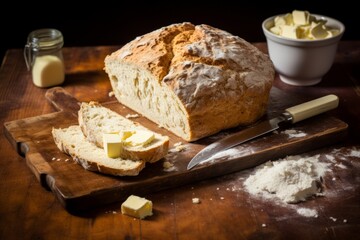 Traditional Irish soda bread, freshly baked to a golden brown and served with butter on a charming wooden table