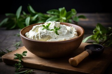 Artisanal ricotta cheese served in a rustic bowl, accentuated by a vintage wooden backdrop