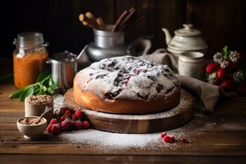 Freshly baked Gugelhupf, a classic Austrian dessert, dusted with sugar and presented on a rustic wooden table