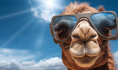 Camel wearing sunglasses against blue sky with clouds. 3d rendering. - obrazy, fototapety, plakaty