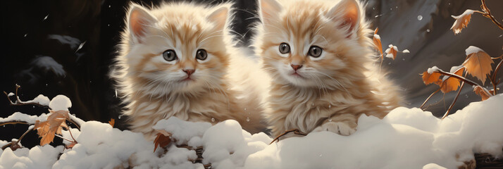 dois gatinhos bege juntos na neve - Panorâmico  - obrazy, fototapety, plakaty