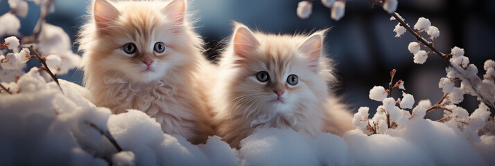dois gatinhos bege juntos na neve - Panorâmico  - obrazy, fototapety, plakaty