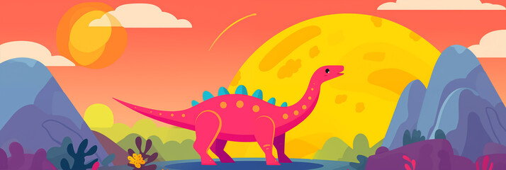 Dinossauro em uma paisagem pré-histórica - Ilustração infantil Panorâmico 