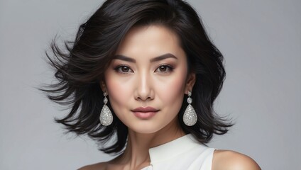 A beautiful asian stylish middle-aged woman. Neat clean shining face, makeup. Amazing styling of black hair. Expensive diamond jewelry. Earrings and necklaces with precious stones. - Powered by Adobe
