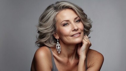 A beautiful stylish middle-aged woman. Neat clean shining face, makeup. Amazing styling of grey hair. Expensive diamond jewelry. Earrings and necklaces with precious stones. - obrazy, fototapety, plakaty