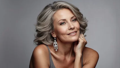Fotobehang A beautiful stylish middle-aged woman. Neat clean shining face, makeup. Amazing styling of grey hair. Expensive diamond jewelry. Earrings and necklaces with precious stones. © OneMoreTry