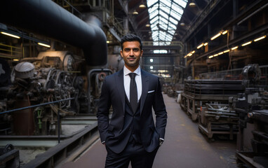 Fototapeta premium Young indian businessman standing confidently at factory