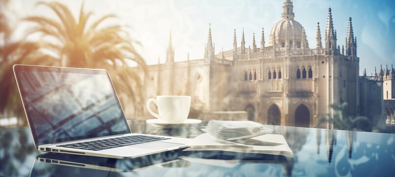 Luminous travel background with charming hotel views, dynamic activities, and iconic tourism symbols