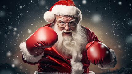 Santa Claus with boxing glove ready for fight. Funny and different.
