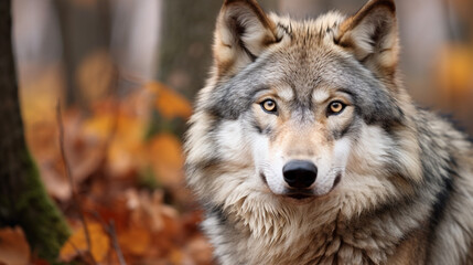 Naklejka na ściany i meble Portrait of grey wolf in the forest. Wolf in the wood at the autumn background. AI Generative