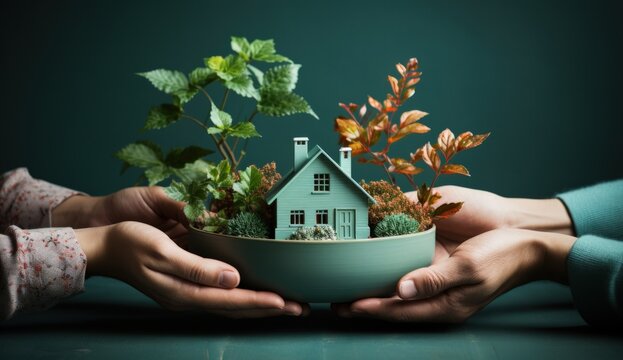Hands presenting a small house surrounded by plants in a decorative planter