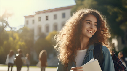  female smiling  student standing in front of college or university holding books in hand 