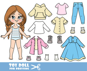 Cartoon long hair braided girl and clothes separately -  casual dress, hoodie, tunic, shirt, jeans and sneakers doll for dressing