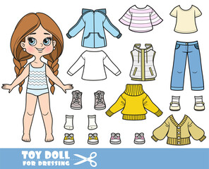 Cartoon long hair braided girl and clothes separately -  casual sweater, insulated vest, demi-season jacket, shirt, jeans and sneakers doll for dressing