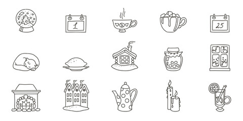 Winter time icon set. Doodle illustrations of winter cozy symbols such as coffee cup, marshmallows, candle, fireplace etc. isolated on a white background. Vector 10 EPS.
 - obrazy, fototapety, plakaty