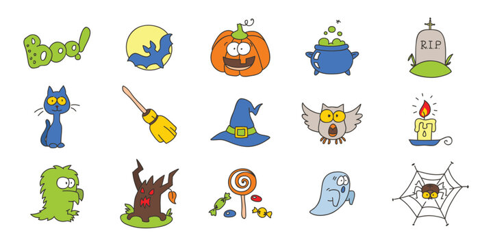 Halloween icon set. Doodle illustrations of Halloween symbols such as pumpkin, ghost, bat, black cat, sweets etc. isolated on a white background. Vector 10 EPS.