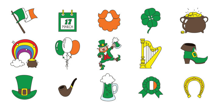 St. Patrick's Day icon set. Doodle illustrations of leprechaun, horseshoe, pipe, mag of ale, cauldron of gold, rainbow etc. isolated on a white background. Vector 10 EPS.