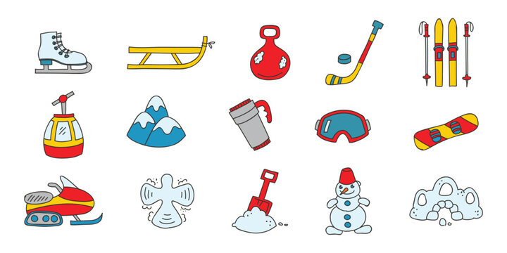 Snow activities icon set. Doodle illustrations of winter sport equipment isolated on a white background. Skate, ski, snowboard, sled etc. Vector 10 EPS.