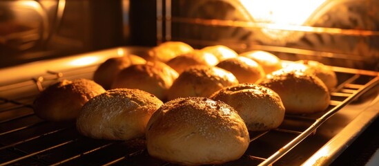 Baking bread rolls in a convection oven.