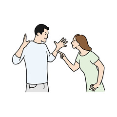 A couple's illustration of fighting each other by escalating arguments. A couple's drawing considering parting and divorce. A hand-drawn line illustration.
