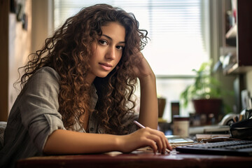 Latina woman sitting at a desk and using a laptop computer at home - obrazy, fototapety, plakaty