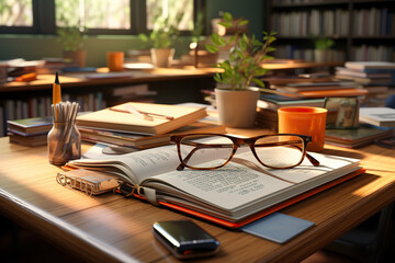 books with pencils and eyeglasses on table in classroom - obrazy, fototapety, plakaty
