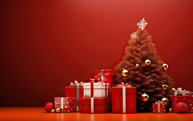 colorful ornaments gift boxes and fir branches on red background