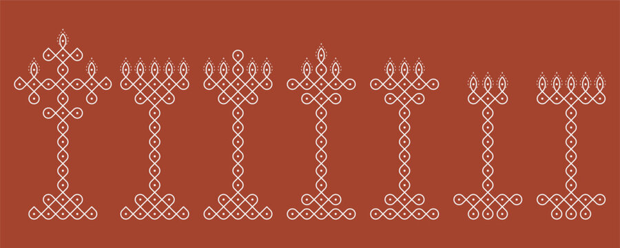 Indian Traditional and Cultural deepam pulli Kolam design vector, set of editable home decor patterns background.