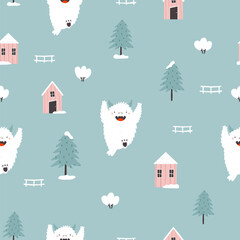 Cartoon seamless pattern with funny yeti characters.
