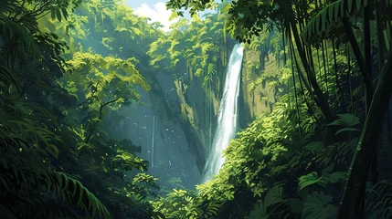 Poster Im Rahmen illustration of a hidden waterfall in the lush jungles © McClerish