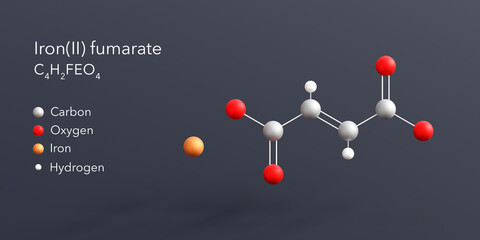 iron(ii) fumarate molecule 3d rendering, flat molecular structure with chemical formula and atoms color coding