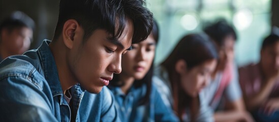Asian man in group therapy session seeking psychological support, discussing life problems with diverse friend group, feeling upset, in pain, and dealing with depression. - obrazy, fototapety, plakaty