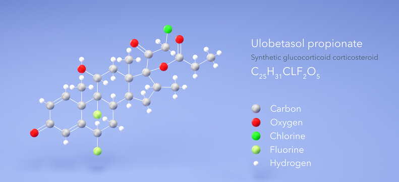 ulobetasol propionate molecule, molecular structures, synthetic glucocorticoid corticosteroid, 3d model, Structural Chemical Formula and Atoms with Color Coding