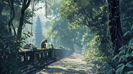 illustration of a quiet morning in Ubud's Monkey Forest with playful macaques