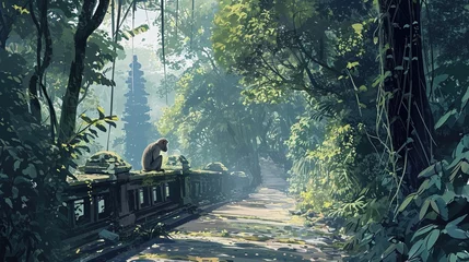 Tuinposter illustration of a quiet morning in Ubud's Monkey Forest with playful macaques © McClerish