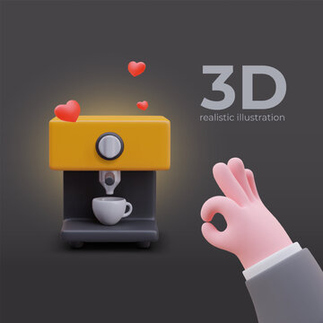 Advertisement of coffee machine. Realistic hand showing approval sign, OK. Choice of buyers. Best model gets likes. Concept on black background with 3D illustration and text