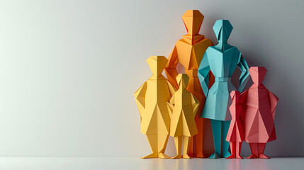 Family-shaped origami photography concept with a minimalist style. Using light from one direction as lighting.