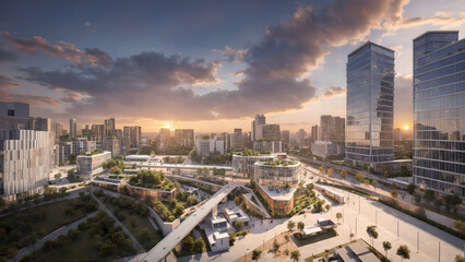 Modern city, dense building complex, eco-city at sunset