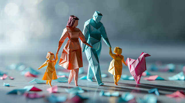 Family-shaped origami photography concept with a minimalist style. Using light from one direction as lighting.