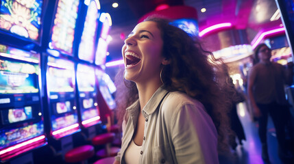 woman playing slot machines at the casino. gambling addiction - obrazy, fototapety, plakaty