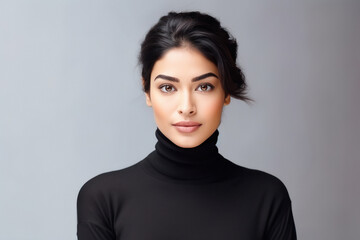 Young woman wearing turtleneck sweater.