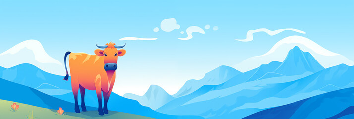 Obraz na płótnie Canvas Vaca e ao fundo montanhas azuis - Ilustração infantil Panorama