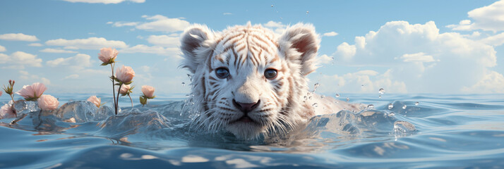 Tigre albino dentro da agua com flores - Fundo de tela Panorama - obrazy, fototapety, plakaty