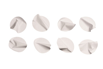 Round white stickers, blank tags labels isolated on a white background.