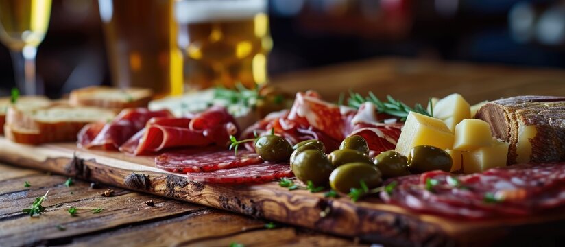 Traditional Spanish tapas - cured meat and cheese platter served on a wooden board with olives and beer.