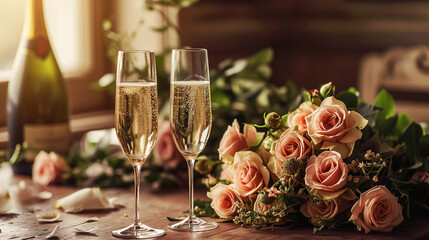 Champagne flutes alongside a stunning rose display - Powered by Adobe