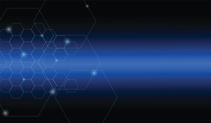 Obraz premium Black background with blue neon hexagon grid. Glowing hex background.
