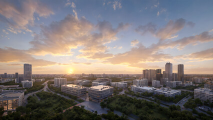 Fototapeta na wymiar Modern city, dense building complex, eco-city at sunset
