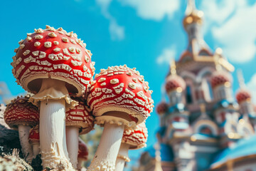 Large brightly colored red fly agaric mushrooms (Amanita muscaria) on the background of the Orthodox church building. Concept of psychedelics and religion