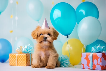 Fototapeta na wymiar Cute dog wearing party hat in the room decorated for birthday celebration. Happy Birthday decoration around (balloons, toys and gift boxes). Happy birthday greeting card. Generative AI